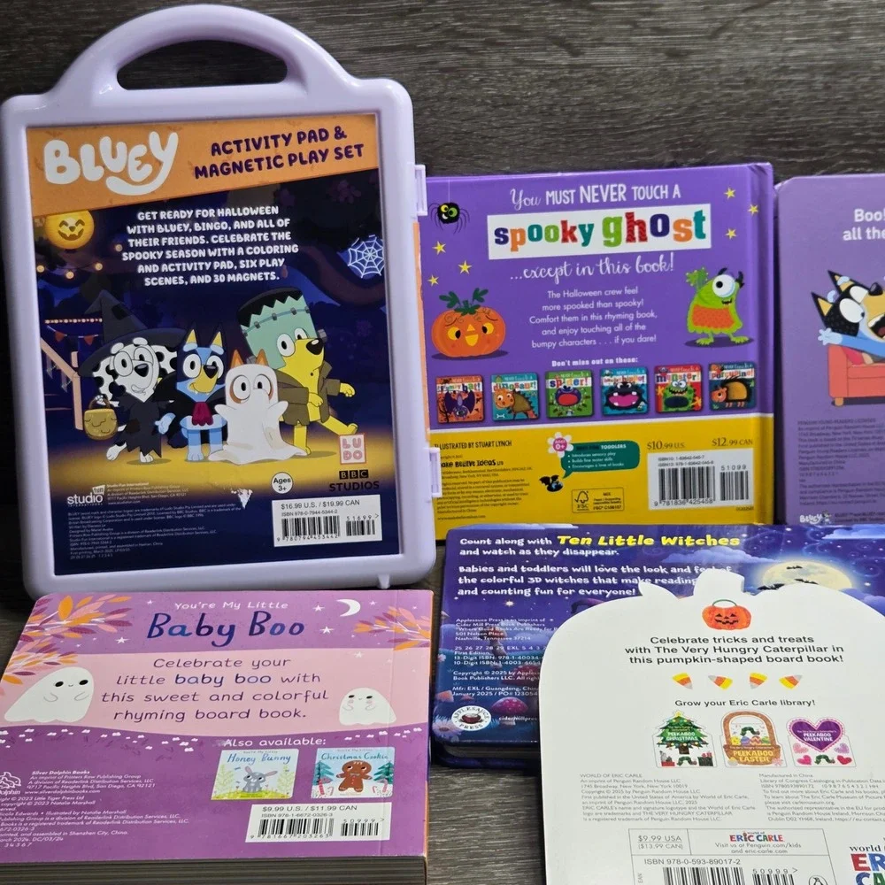 Children's Halloween Book Lot Bluey Magnetic Play Set Eric Carle Nightmare 7pc